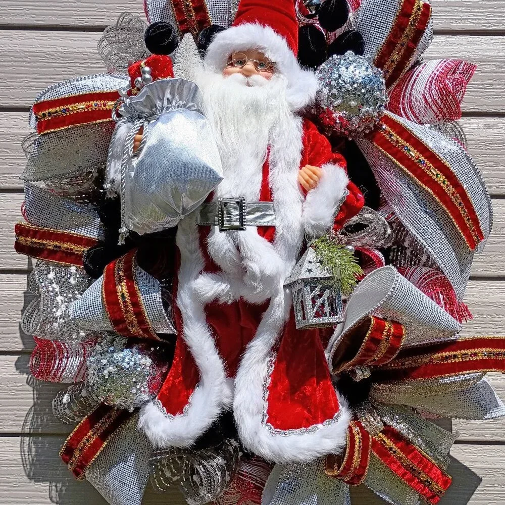 Santa Christmas Wreath, Deluxe Christmas Wreath, Silver Red Mesh Wreath